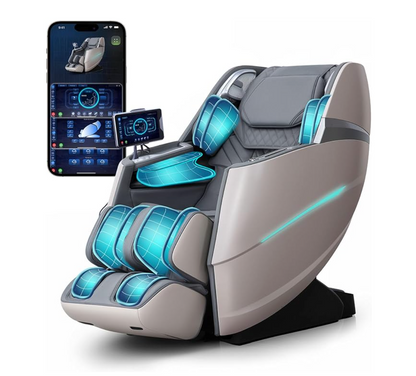 Massage chair with digital controls and smartphone displaying massage app on a white background