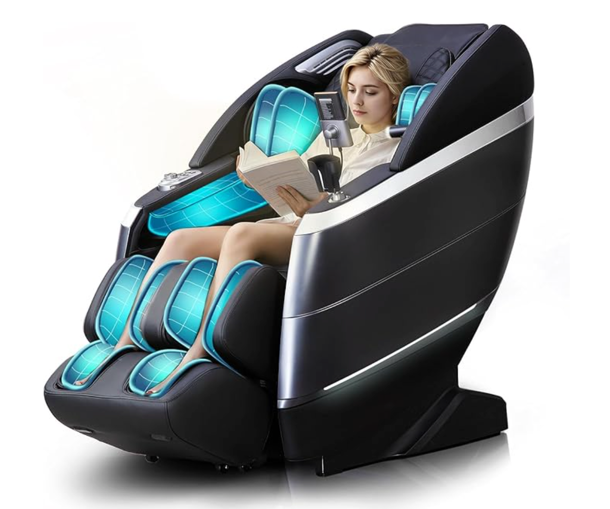 Woman using a massage chair with blue lighting on a white background