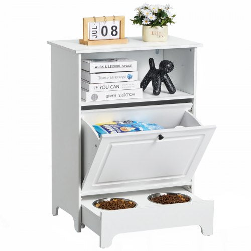 White pet feeding station with open door revealing bowls inside, on a white background.