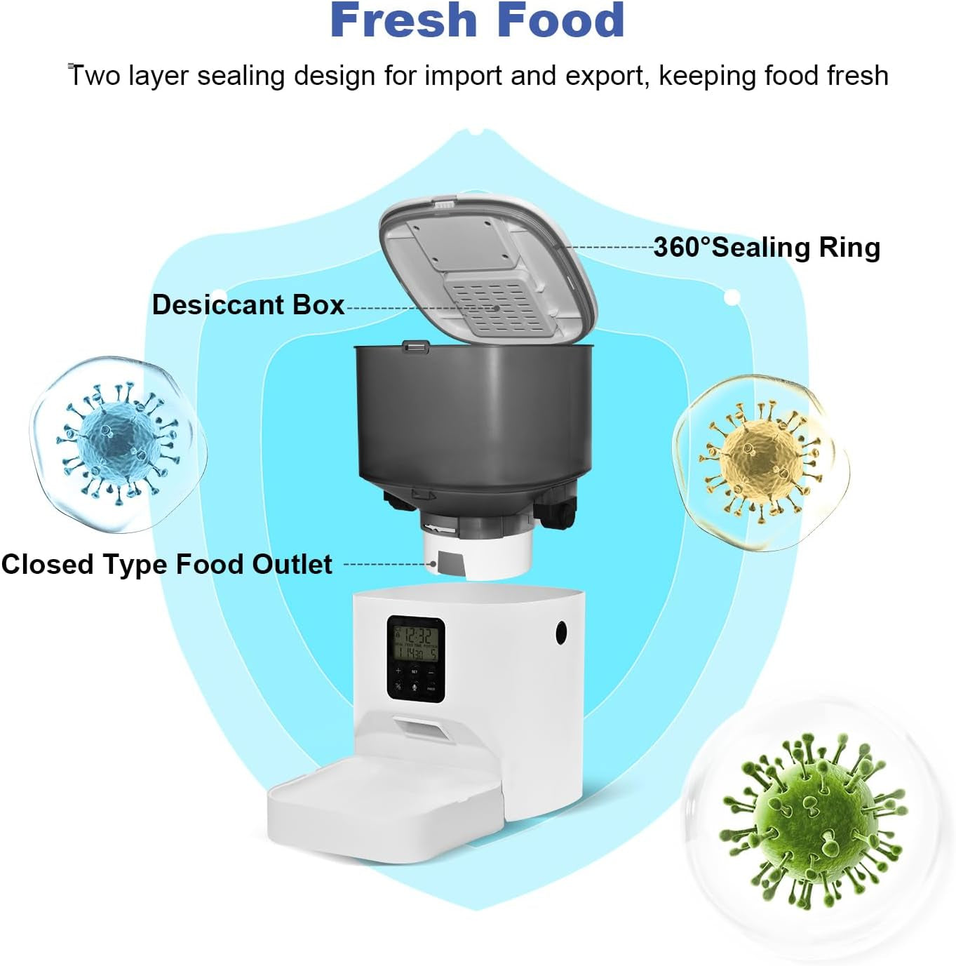 Food preservation device with features highlighted on a white background