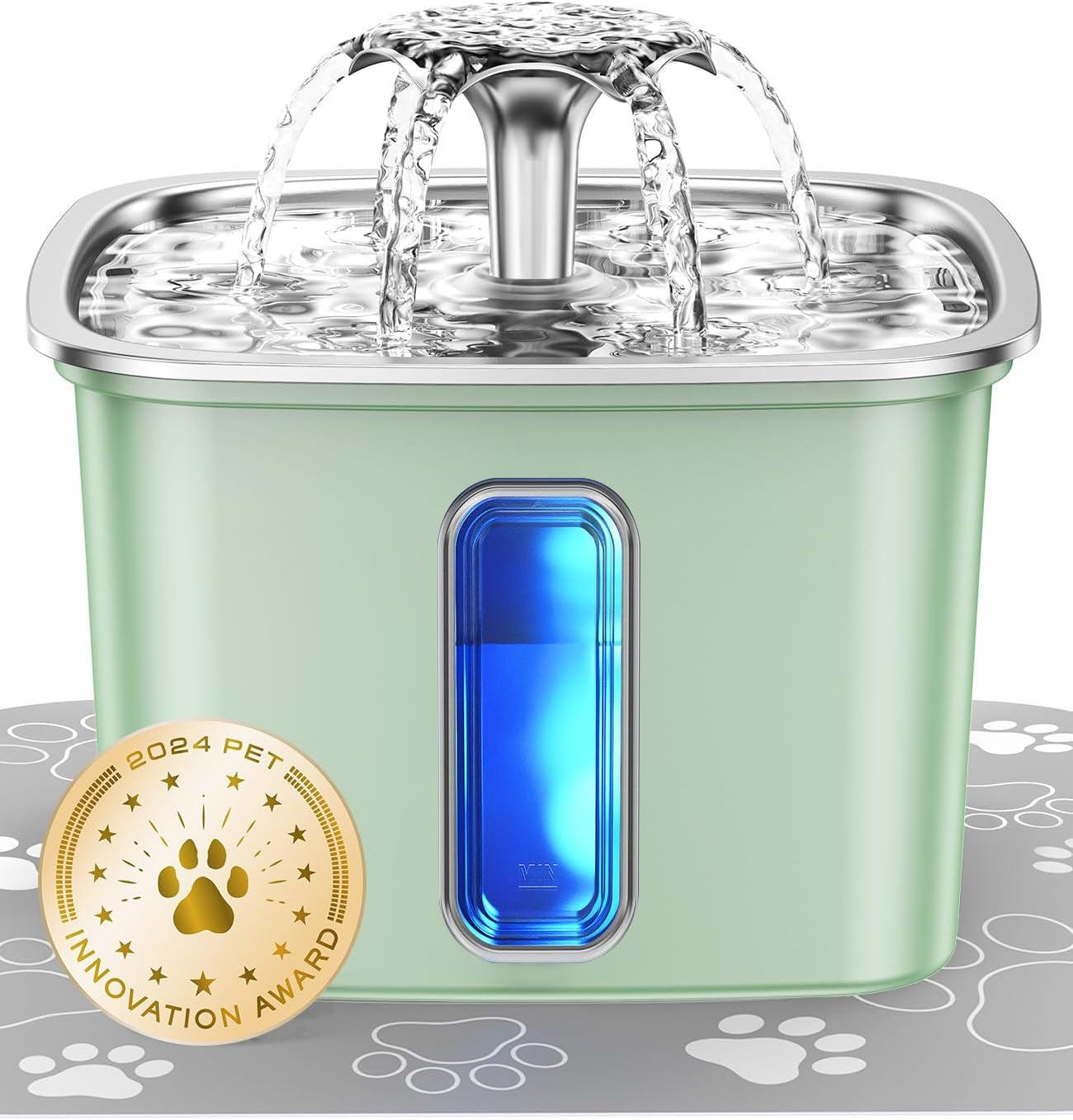 Pet water fountain with a 2024 Pet Innovation Award badge on a white background