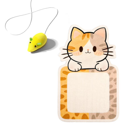 Wall mounted, self-adhesive cat scratcher with random hanging cat toy.