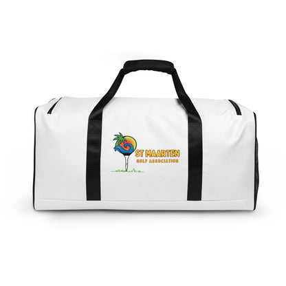 White duffle bag with black straps and colorful St. Maarten Golf Association logo featuring palm tree and golf tee design.
