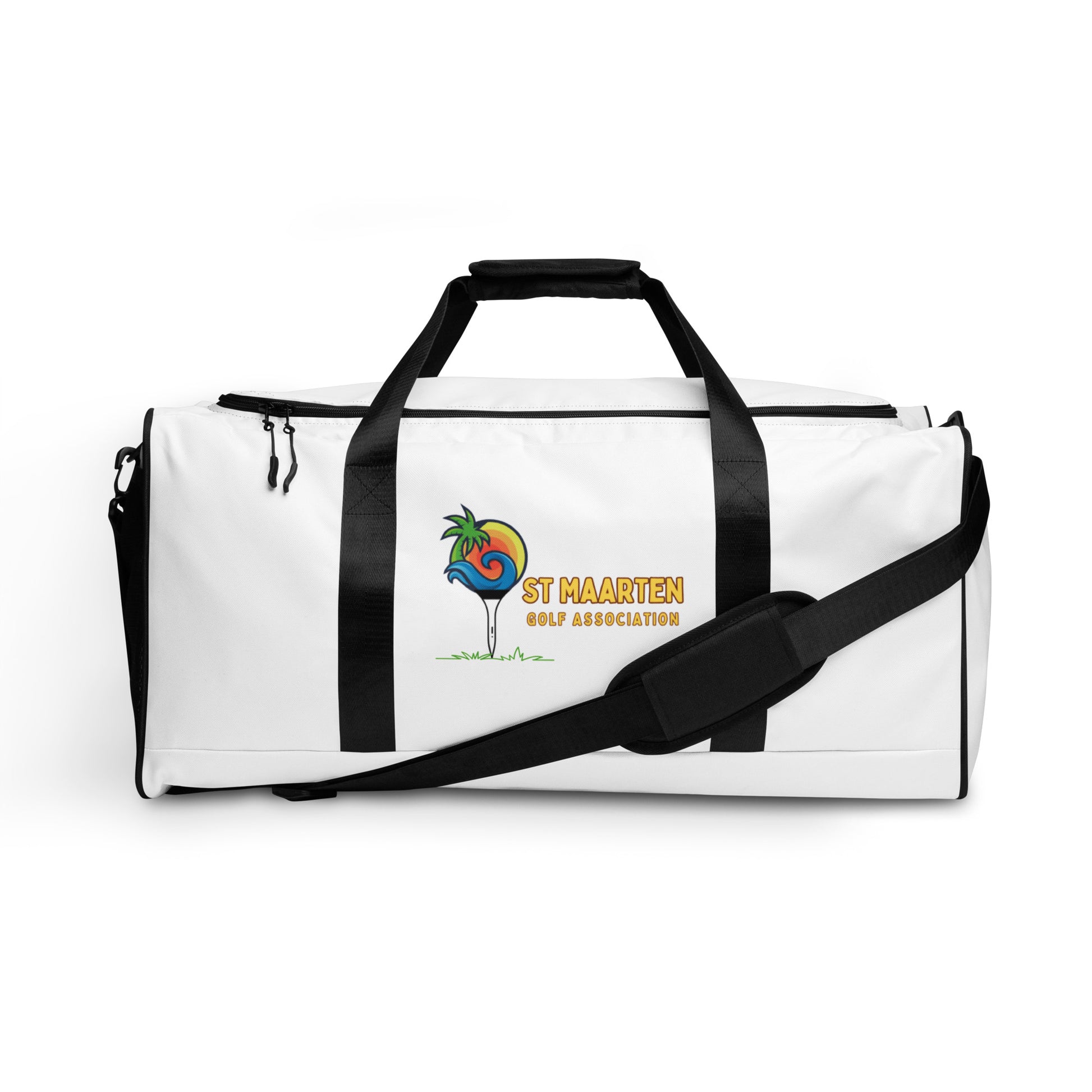 White duffle bag with black straps and colorful St. Maarten Golf Association logo featuring palm tree and golf tee design