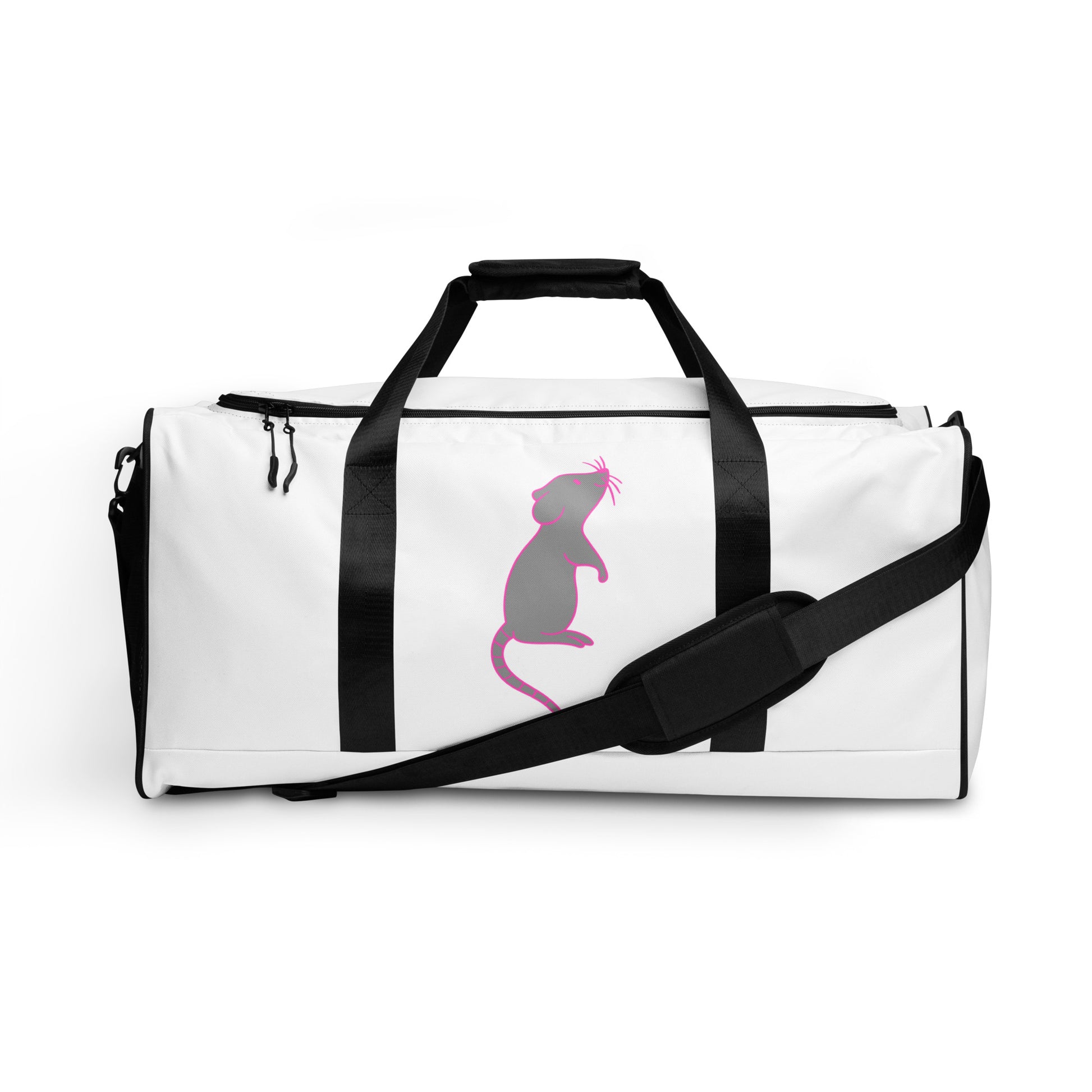 Pink and grey rat on a white duffel bag