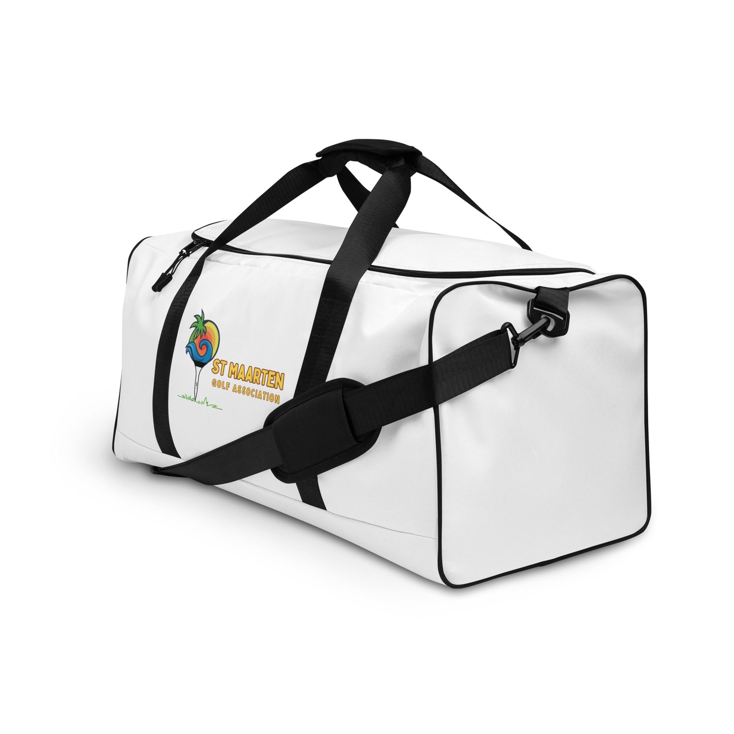 White duffle bag with black straps and colorful St. Maarten Golf Association logo featuring palm tree and golf tee design.