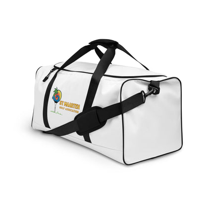 White duffle bag with black straps and colorful St. Maarten Golf Association logo featuring palm tree and golf tee design.