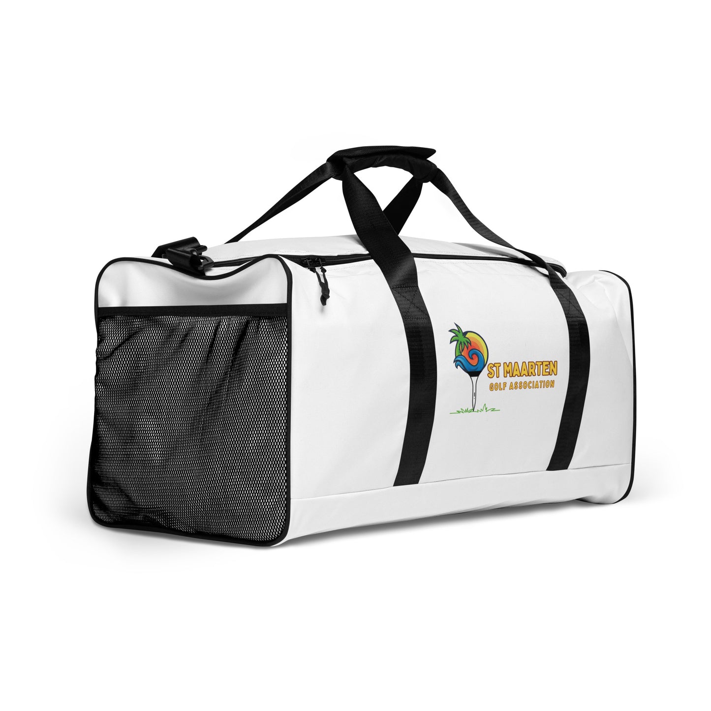 White duffle bag with black straps and colorful St. Maarten Golf Association logo featuring palm tree and golf tee design