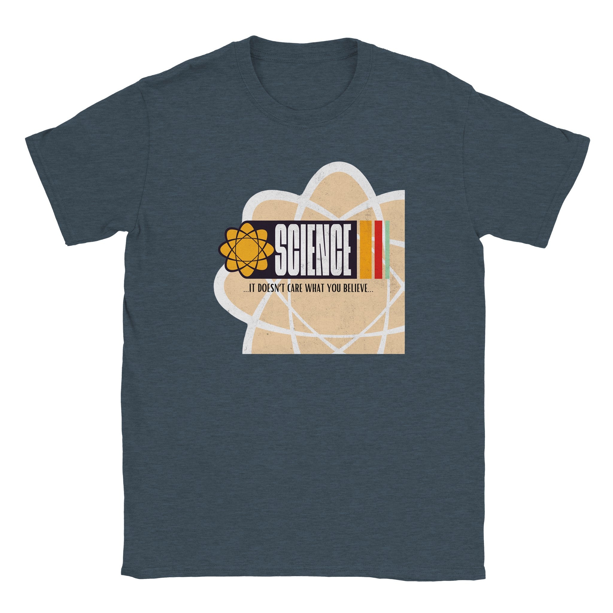 T-shirt with atom graphic and the phrase “Science… It Doesn’t Care What You Believe” – funny STEM lover shirt.