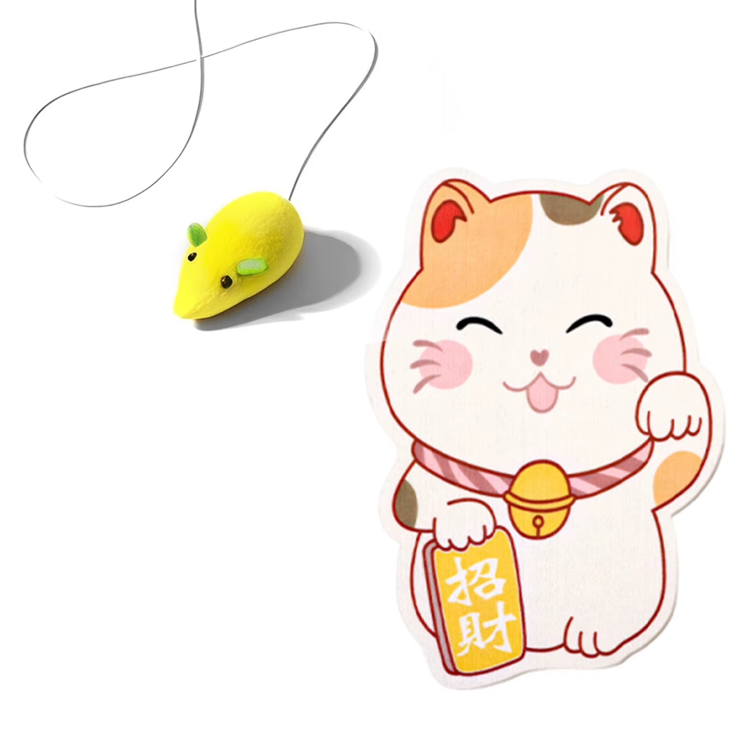 Wall mounted, self-adhesive cat scratcher with random hanging cat toy.