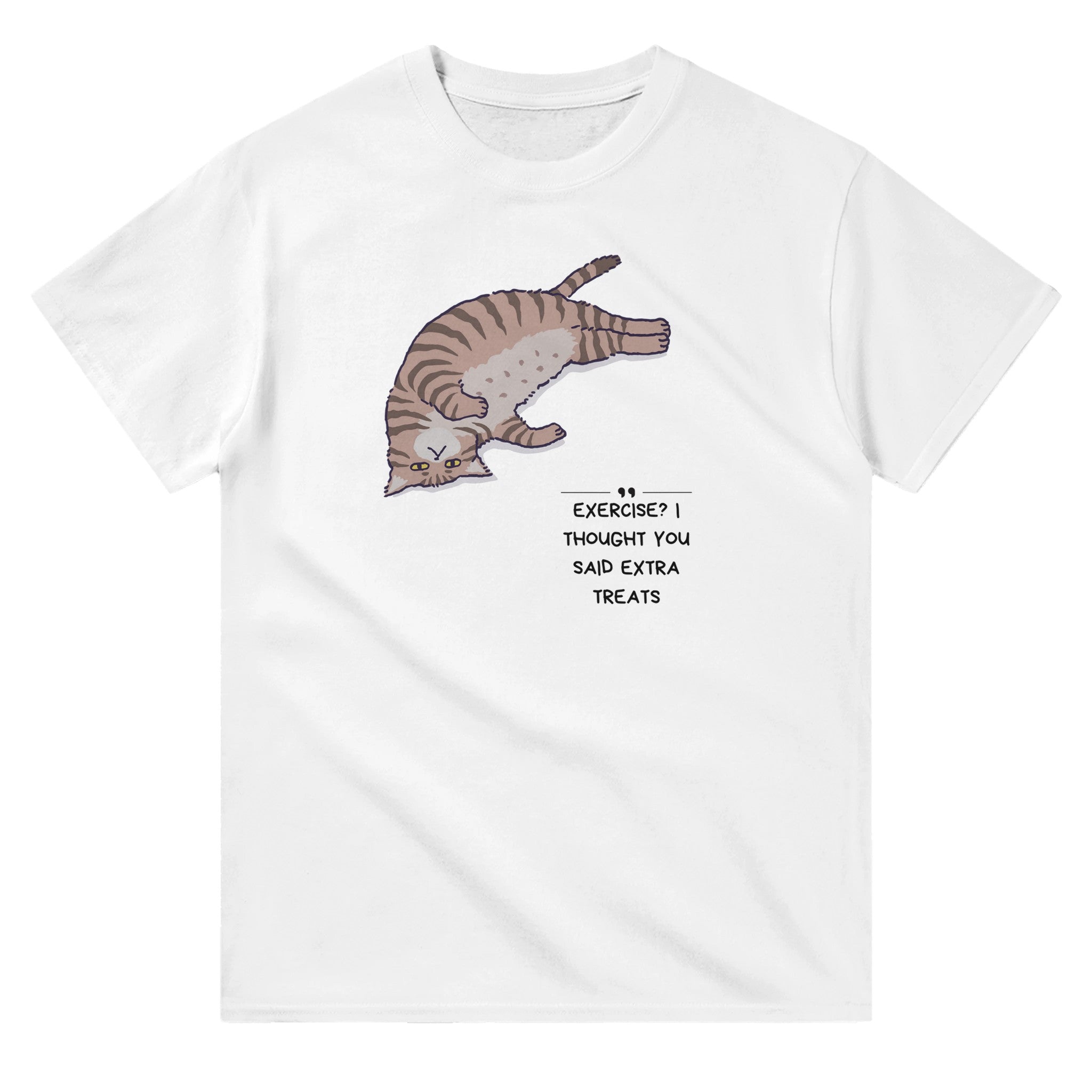 White unisex crewneck T-shirt with illustration of a lazy cat and text “Exercise? I Thought You Said Extra Treats” – funny cat lover shirt.