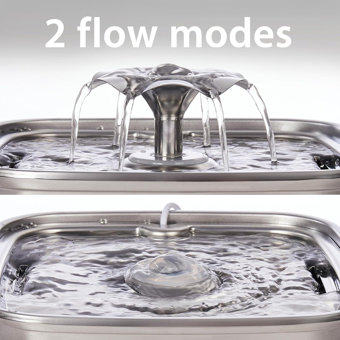 Pet water fountain with two flow modes on a gray background
