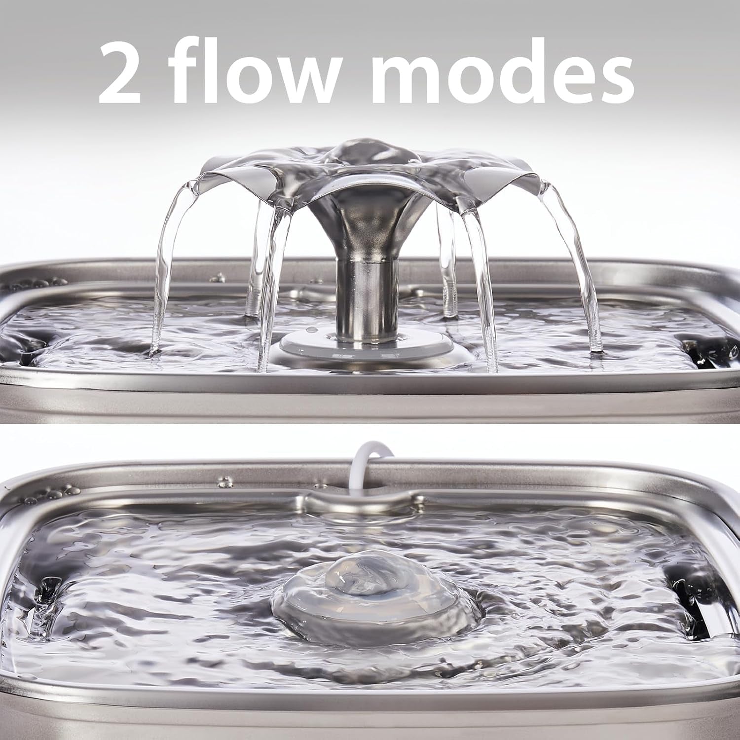 Pet water fountain with two flow modes on a gray background
