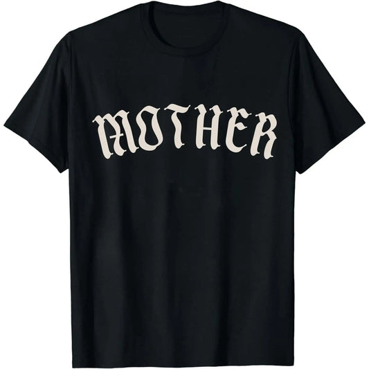 Black t-shirt with 'MOTHER' printed in white on a white background