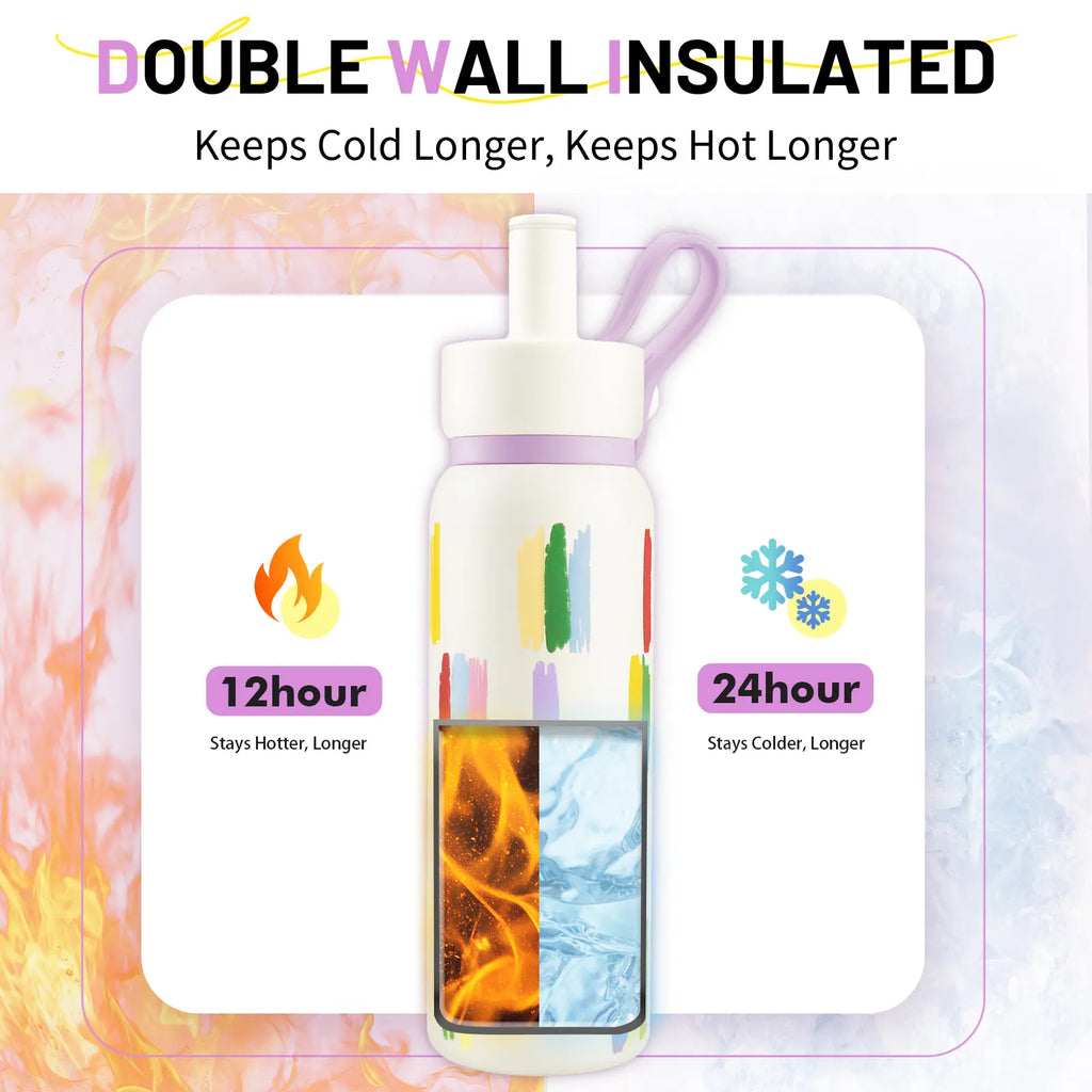 Augshark 24 oz Insulated Water Bottle - Durable 316 Stainless Steel, Leak-Proof with Handle & Flip Straw