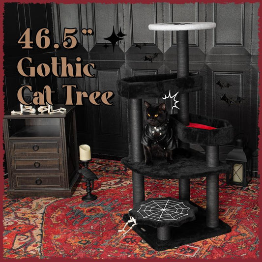 [Petlife] Halloween Cat Tree – Black Castle Series | Multi-Level Cat Tower with Cozy Hideouts, Scratch Posts & Hanging Toys – Spooky & Cute Indoor Playground