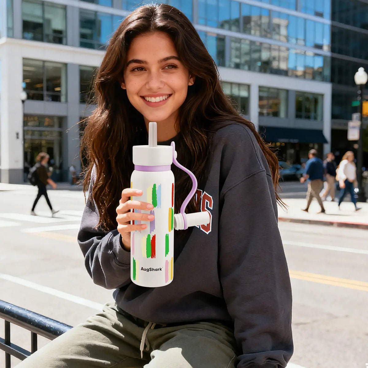 Augshark 24 oz Insulated Water Bottle - Durable 316 Stainless Steel, Leak-Proof with Handle & Flip Straw