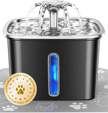 Pet water fountain with water flowing, featuring a 2024 Pet Innovation Award badge.
