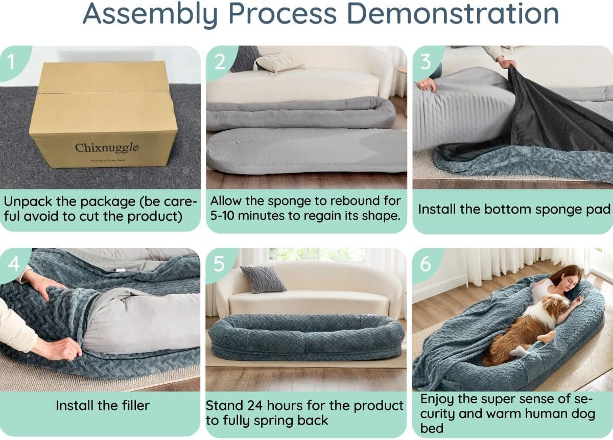 Step-by-step assembly process demonstration for a dog bed with text labels.