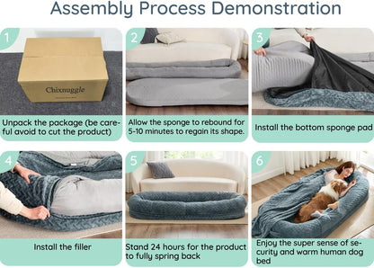 Step-by-step assembly process demonstration for a dog bed with text labels.