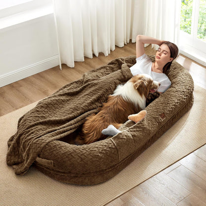 Woman lying on a large brown pet bed with a dog inside, in a bright room with curtains.