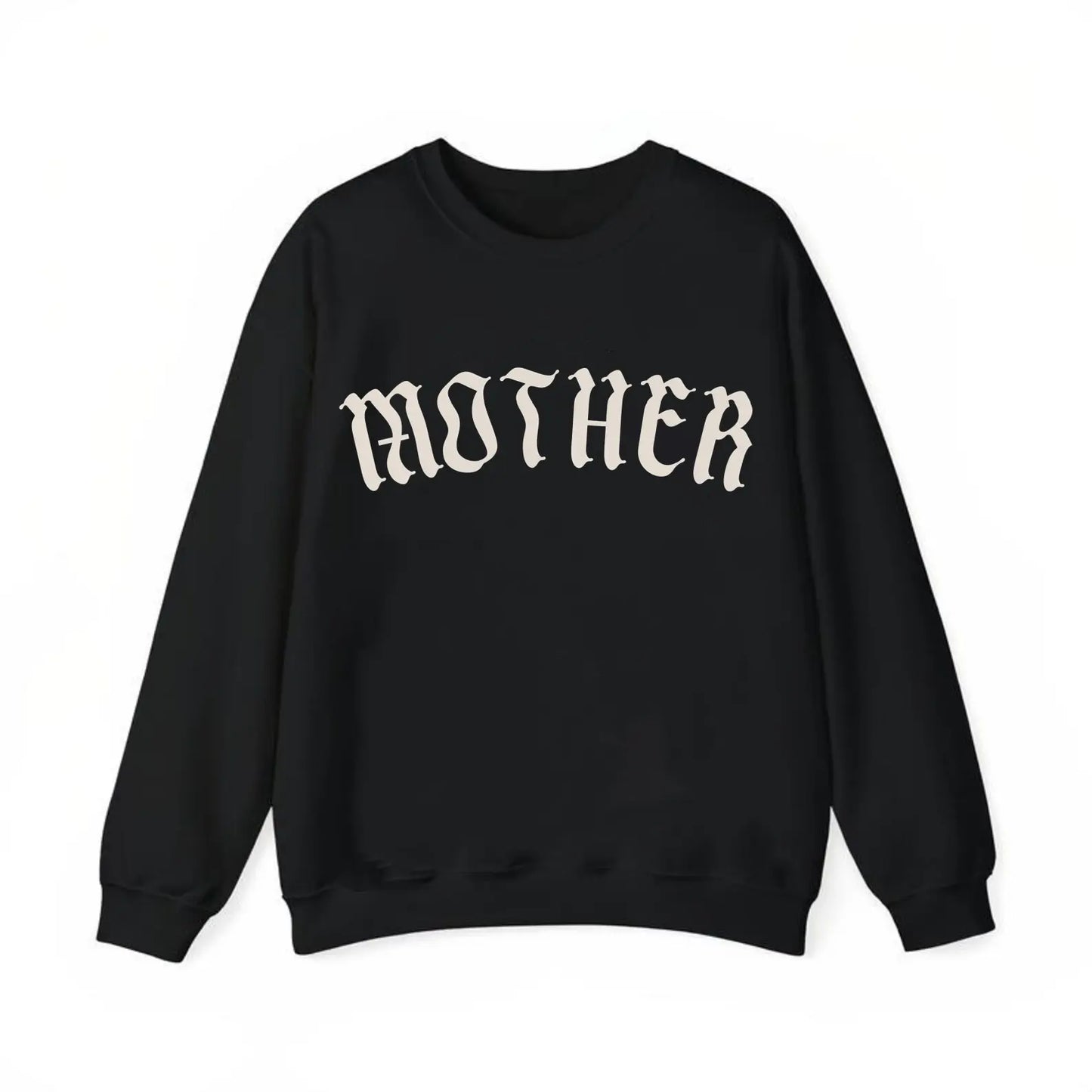 Black sweatshirt with 'MOTHER' printed on it against a white background