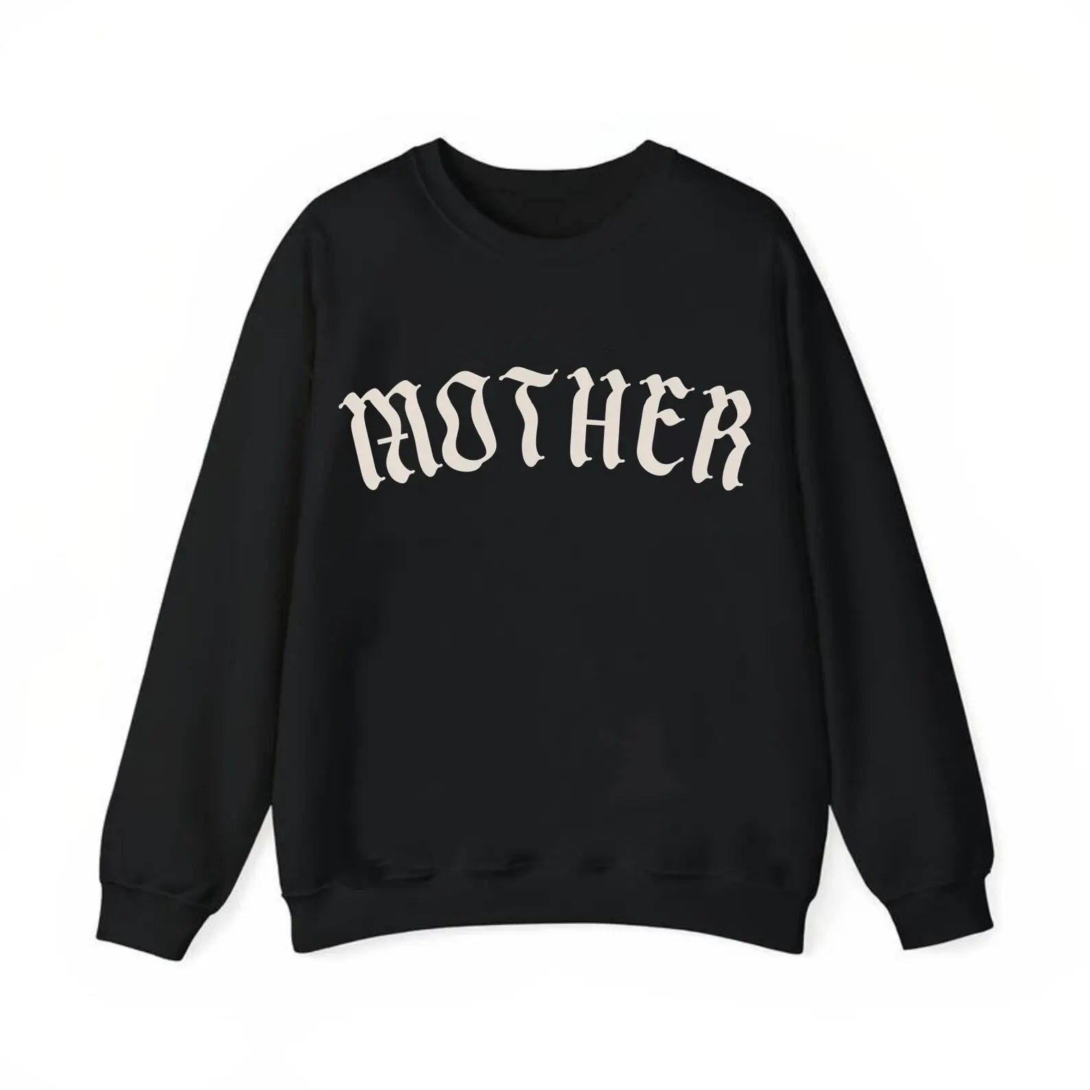 Black sweatshirt with 'MOTHER' printed on it against a white background