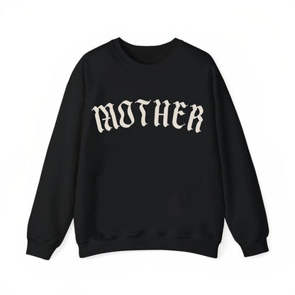 Black sweatshirt with 'MOTHER' printed on it against a white background
