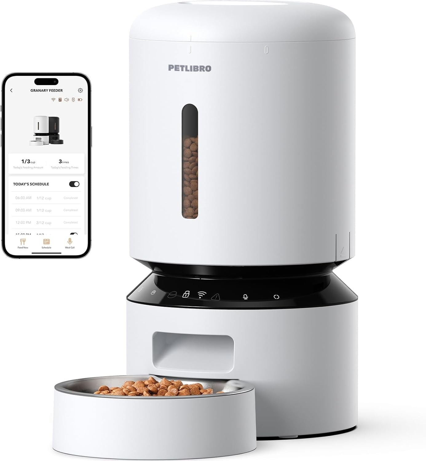 White pet feeder with app interface on a white background