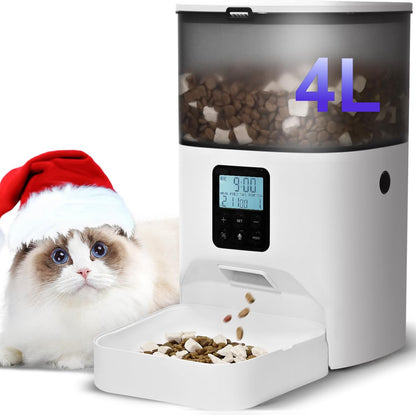Pet food dispenser with digital display and a cat wearing a Santa hat on a white background