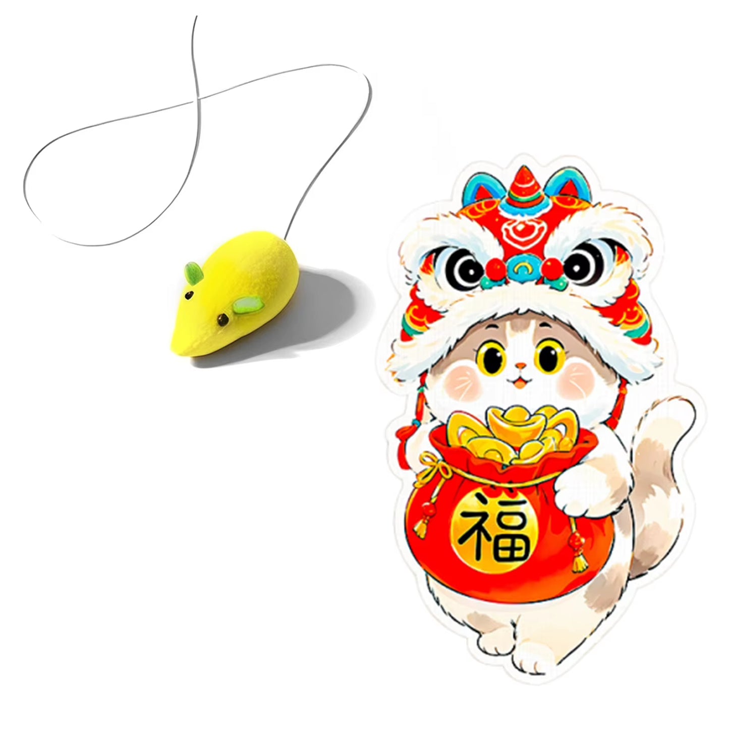 Wall mounted, self-adhesive cat scratcher with random hanging cat toy.