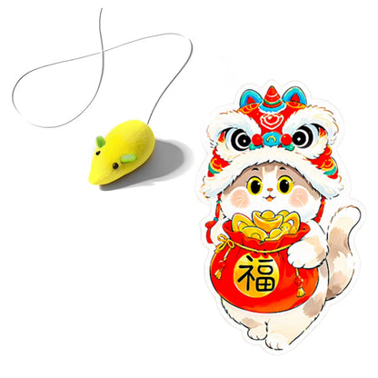 Wall mounted, self-adhesive cat scratcher with random hanging cat toy.