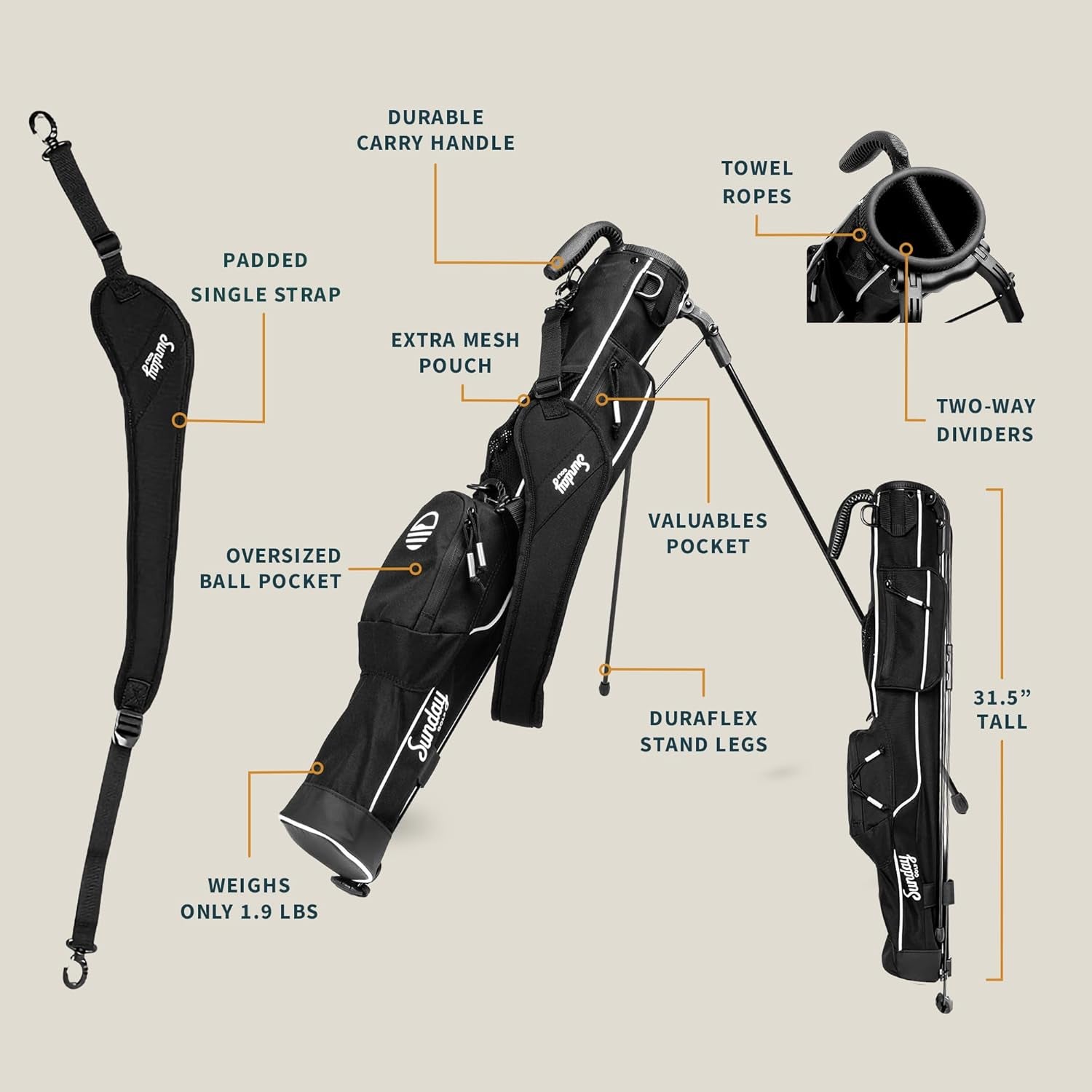 The Original Lightweight Golf Bag with Stand – Easy to carry and super durable.