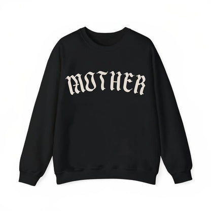Black sweatshirt with 'MOTHER' printed on it against a white background