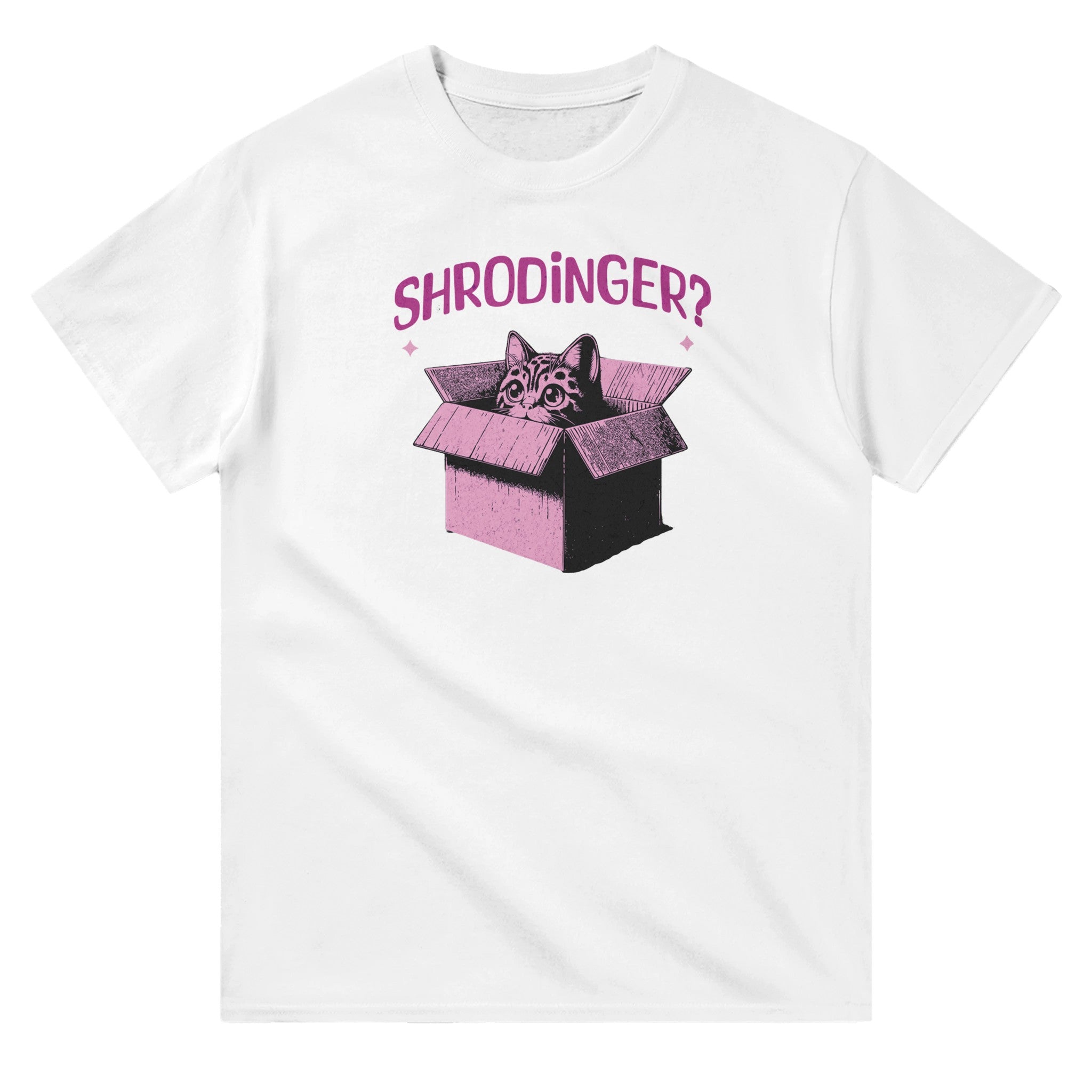 White unisex crewneck T-shirt with pink graphic of a cat in a box and text “Schrödinger?” – funny science and cat lover shirt.