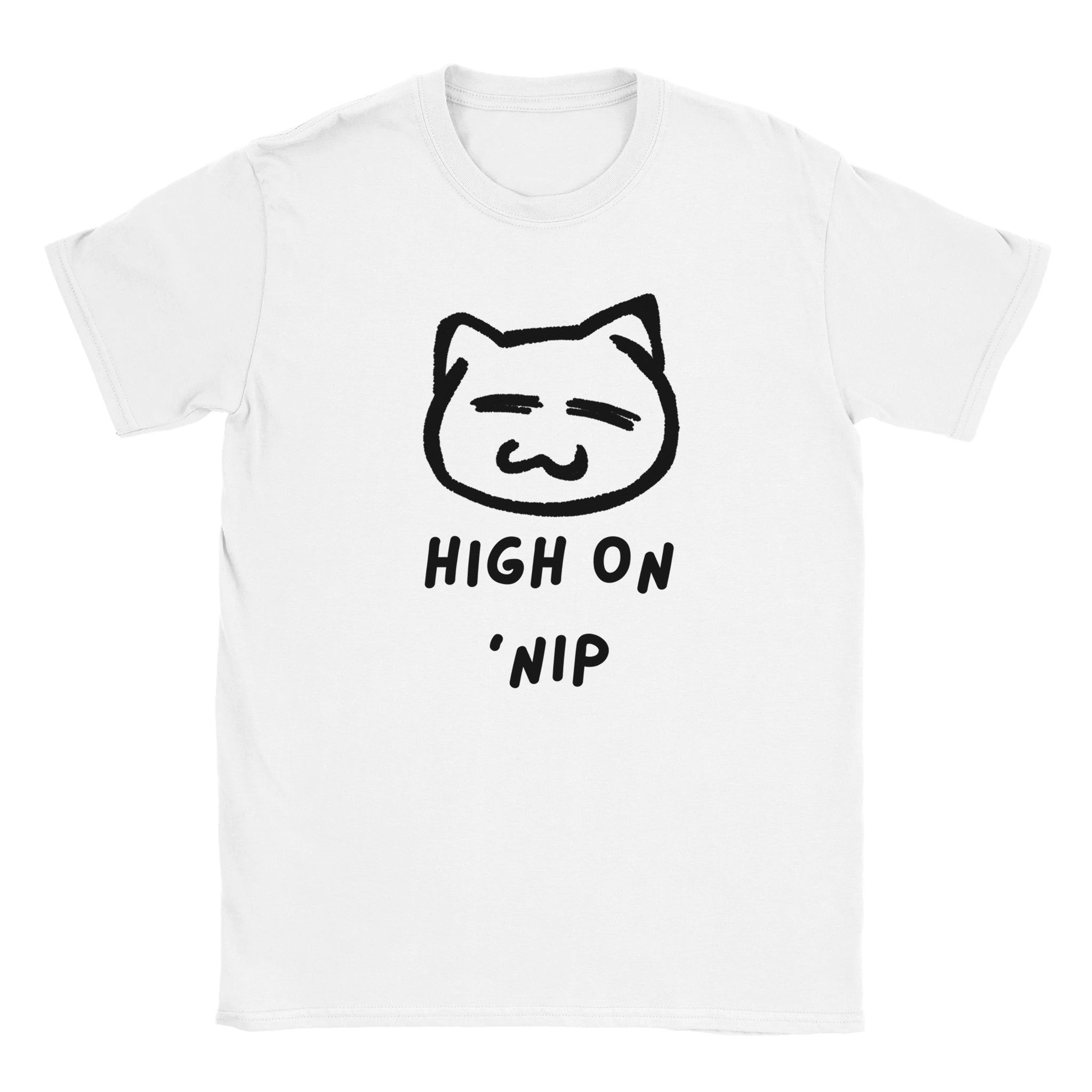 White T-shirt with cartoon cat face and the phrase “High on ’Nip” – funny graphic tee for cat lovers.