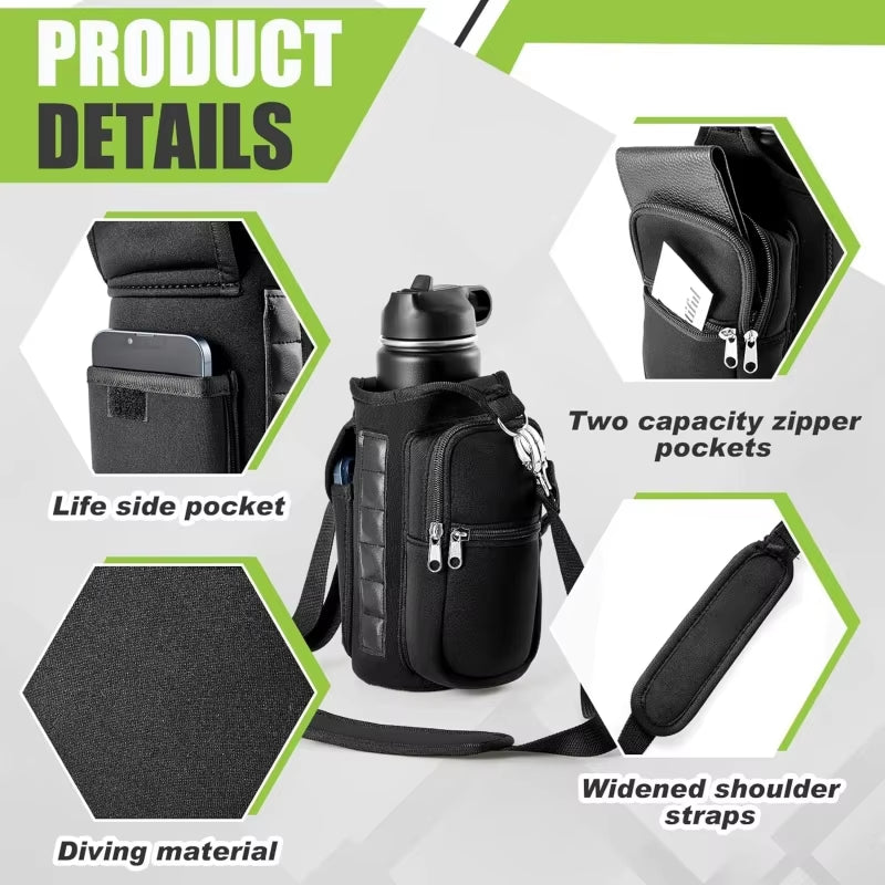 Magnetic Water Bottle Carrier with Phone Pocket & Shoulder Strap - 6 Built-In Magnets for Ultimate Convenience