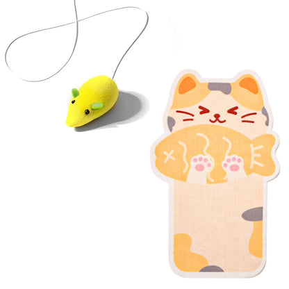 Wall mounted, self-adhesive cat scratcher with random hanging cat toy.