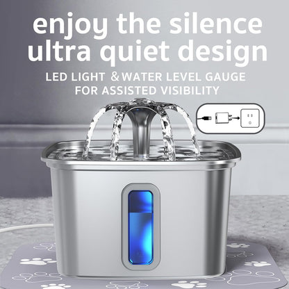 Pet water fountain with LED light and water level gauge on a gray background