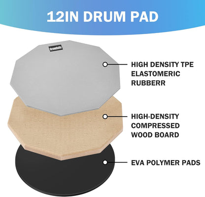 Drum Practice Pad for Drumming Drum Pad and Sticks 12 In,Sided with 2 Pairs/4 Ma
