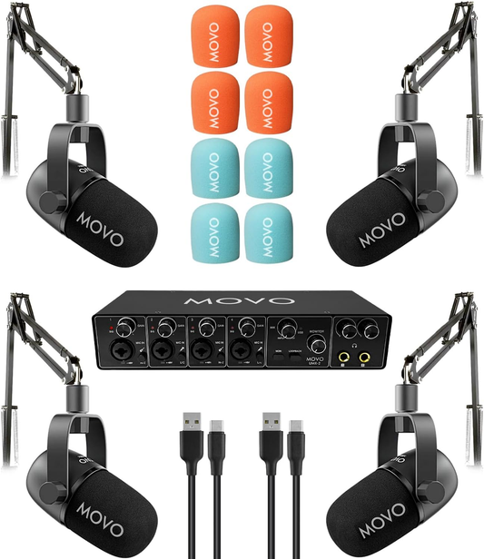 4-Person Podcast Kit with Audio Interface – MOVO Microphones Bundle (Boom Arm or Desktop Stand Options)