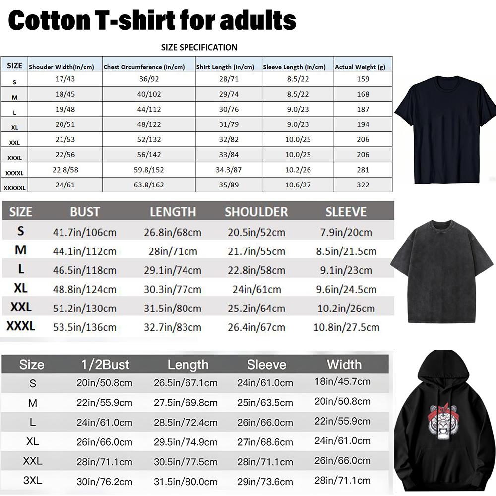 Cotton t-shirt size chart for adults with black t-shirt examples.