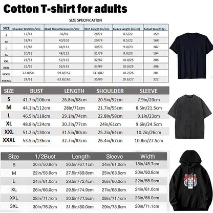 Cotton t-shirt size chart for adults with black t-shirt examples.