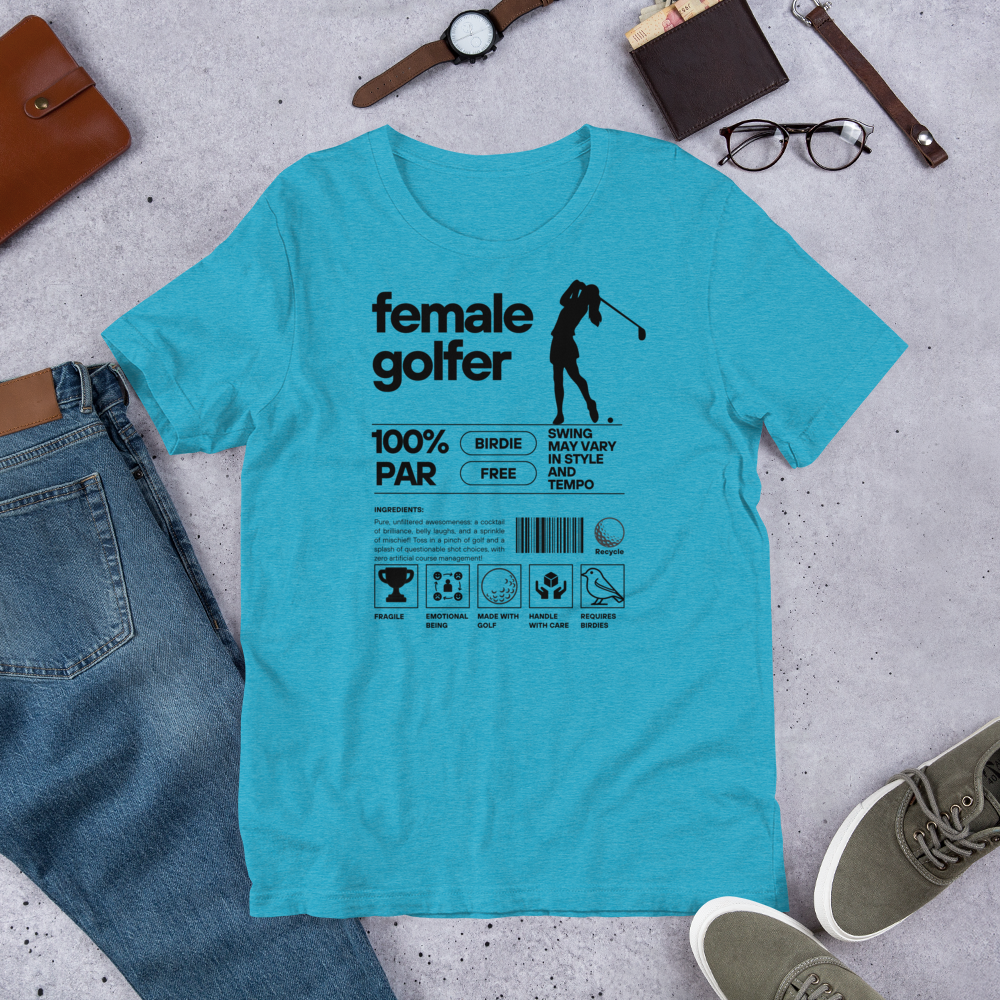 Blue t-shirt with black ‘Female Golfer’ graphic design featuring golf icons and humorous label-style print.