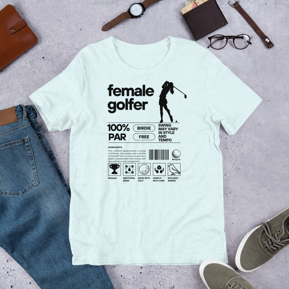 White  t-shirt with black ‘Female Golfer’ graphic design featuring golf icons and humorous label-style print.