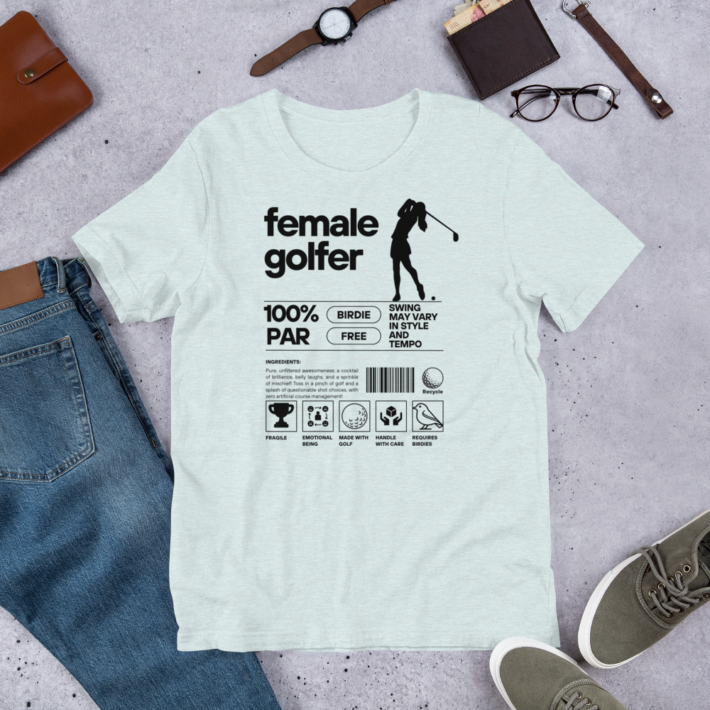 White t-shirt with black ‘Female Golfer’ graphic design featuring golf icons and humorous label-style print.